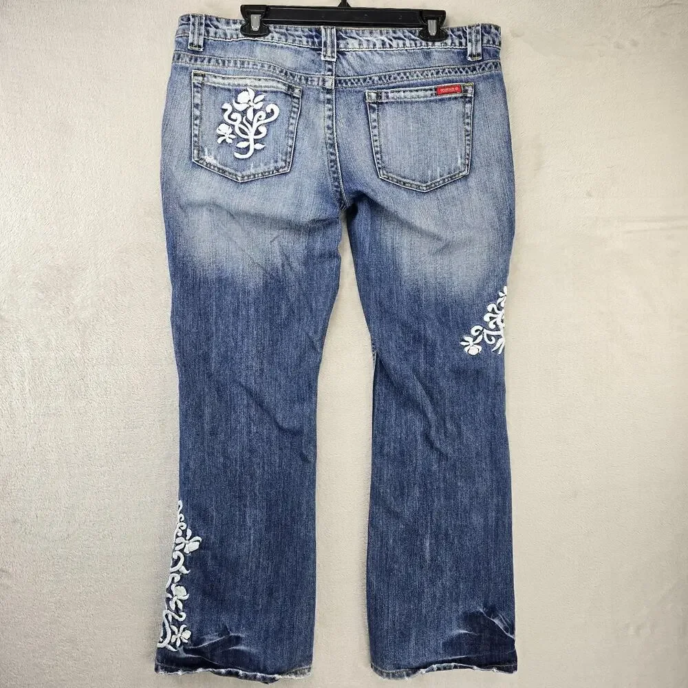Vtg Guess USA Jeans Womens 34 Blue (Fits 38x30) Crochet Embroidered Distressed